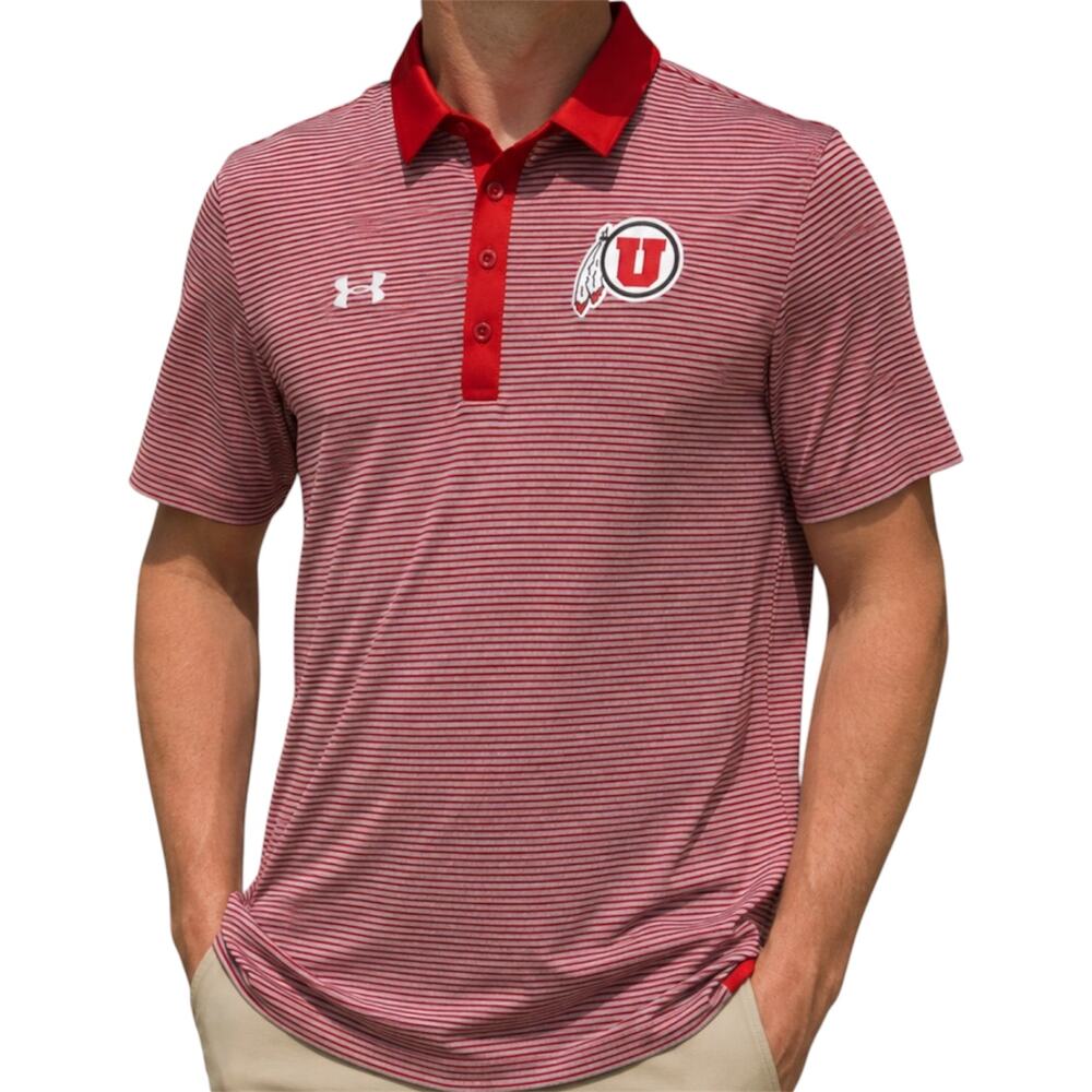 Under Armour University of Utah Utes Striped Polo Shirt Loose Heatgear Red S